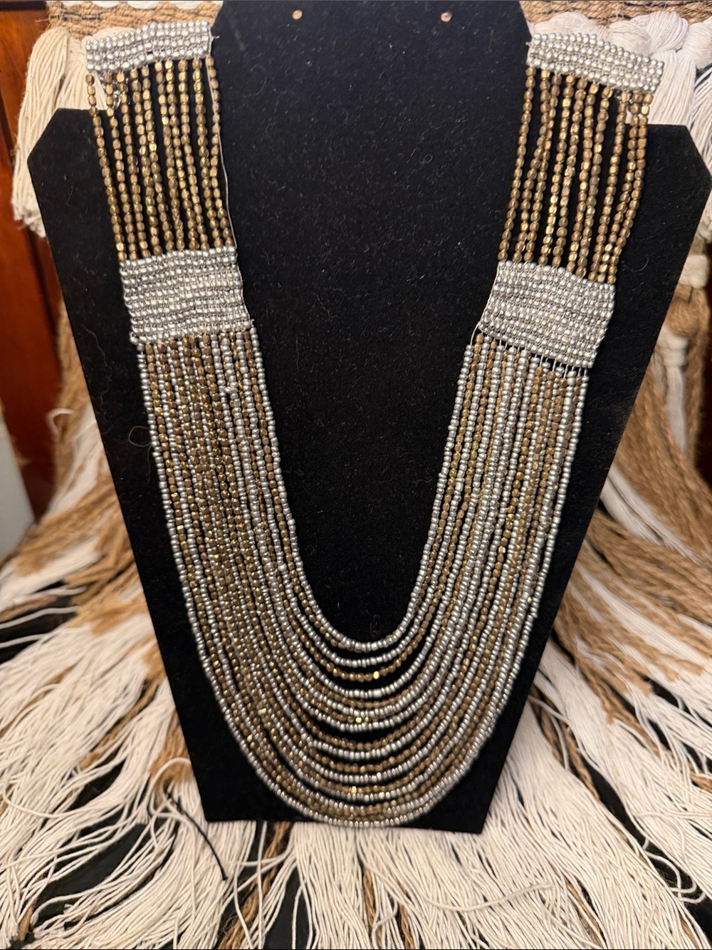 Multi-Strand Metallic Beaded Necklace - Silver & Gold